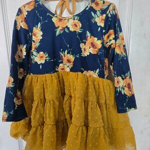 Mia Belle Gold and Navy Floral Fall Dress XS